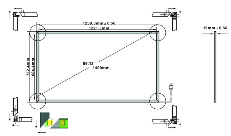 55inch Infrared touch screen frame drawing size for lcd whiteboard