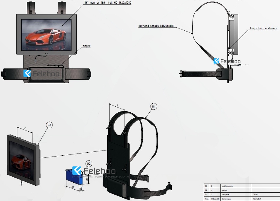 Felehoo supply custom designed wearable backpack digital signage walking screen mobile drawing overview
