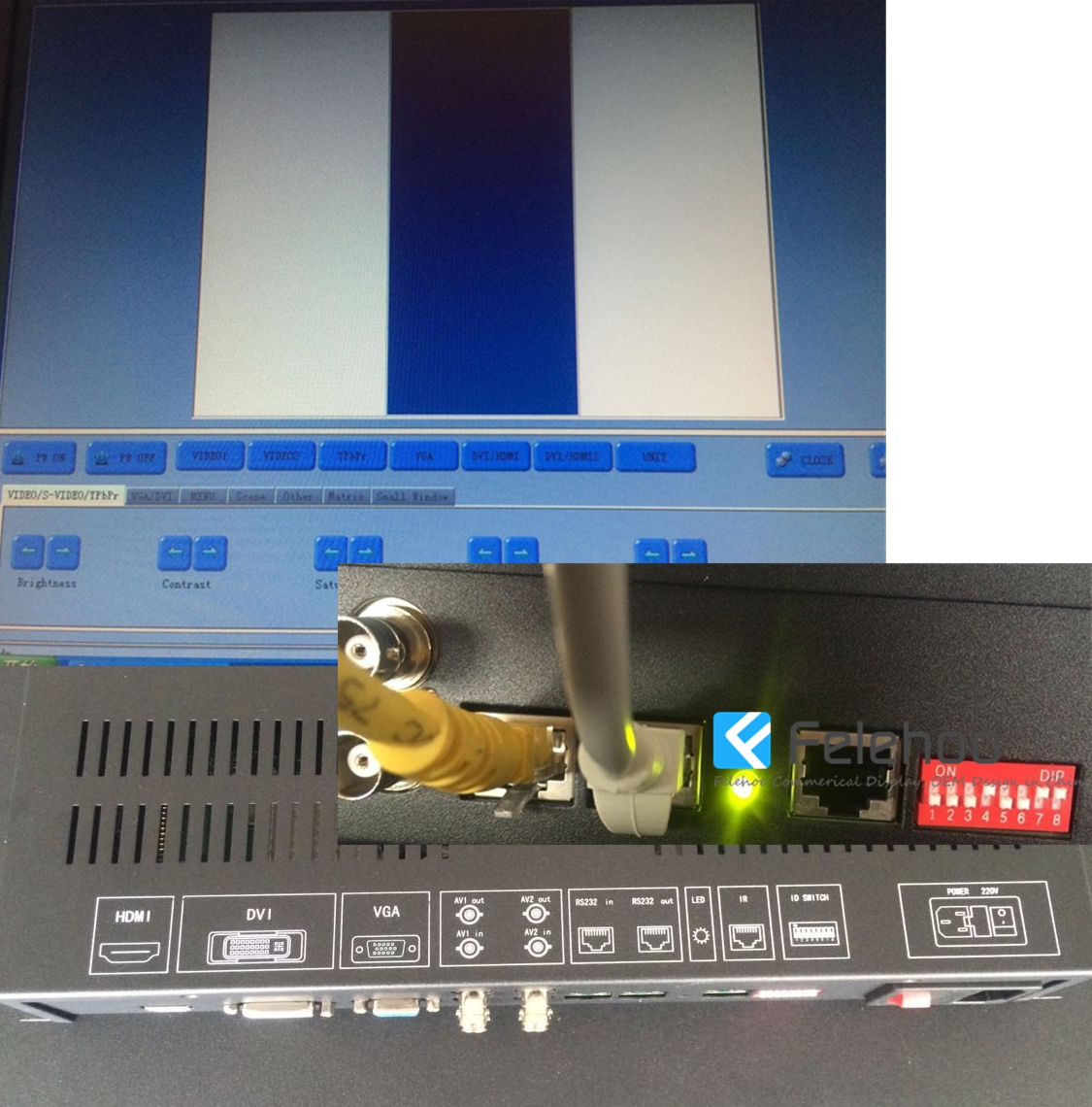 felehoo lcd video wall system solution with connection I/O by RS232 to PC software control 