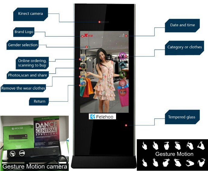 body feeling gesture motion camera magic mirror display for fitting mirror