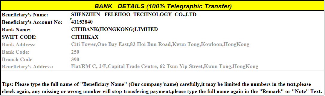 Felehoo BANK DETAILS-Telegraphic Transfer-TT